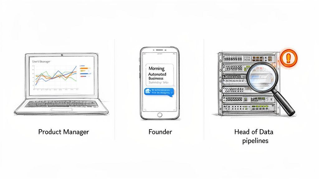 Three business roles (Product Manager, Founder, Head of Data Pipelines) interact with data, automation, and infrastructure.