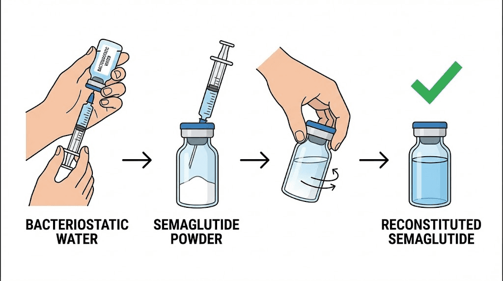 How to reconstitute semaglutide properly showing water-to-powder mixing steps