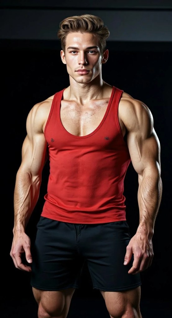 Strong male bodybuilder in red tank top and black briefs, generated with AI body generator.