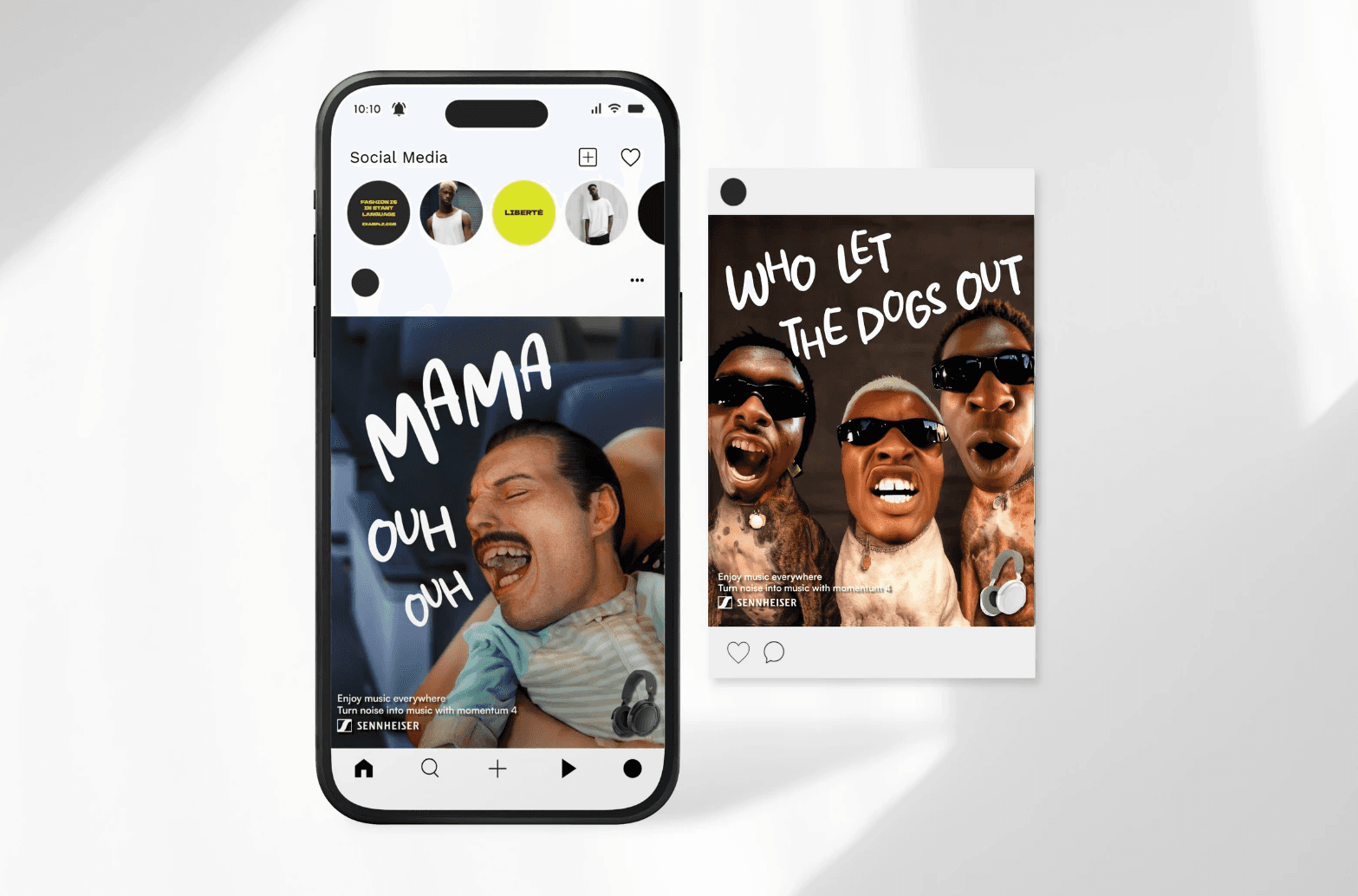 A mockup of an iPhone placed on a chair's back