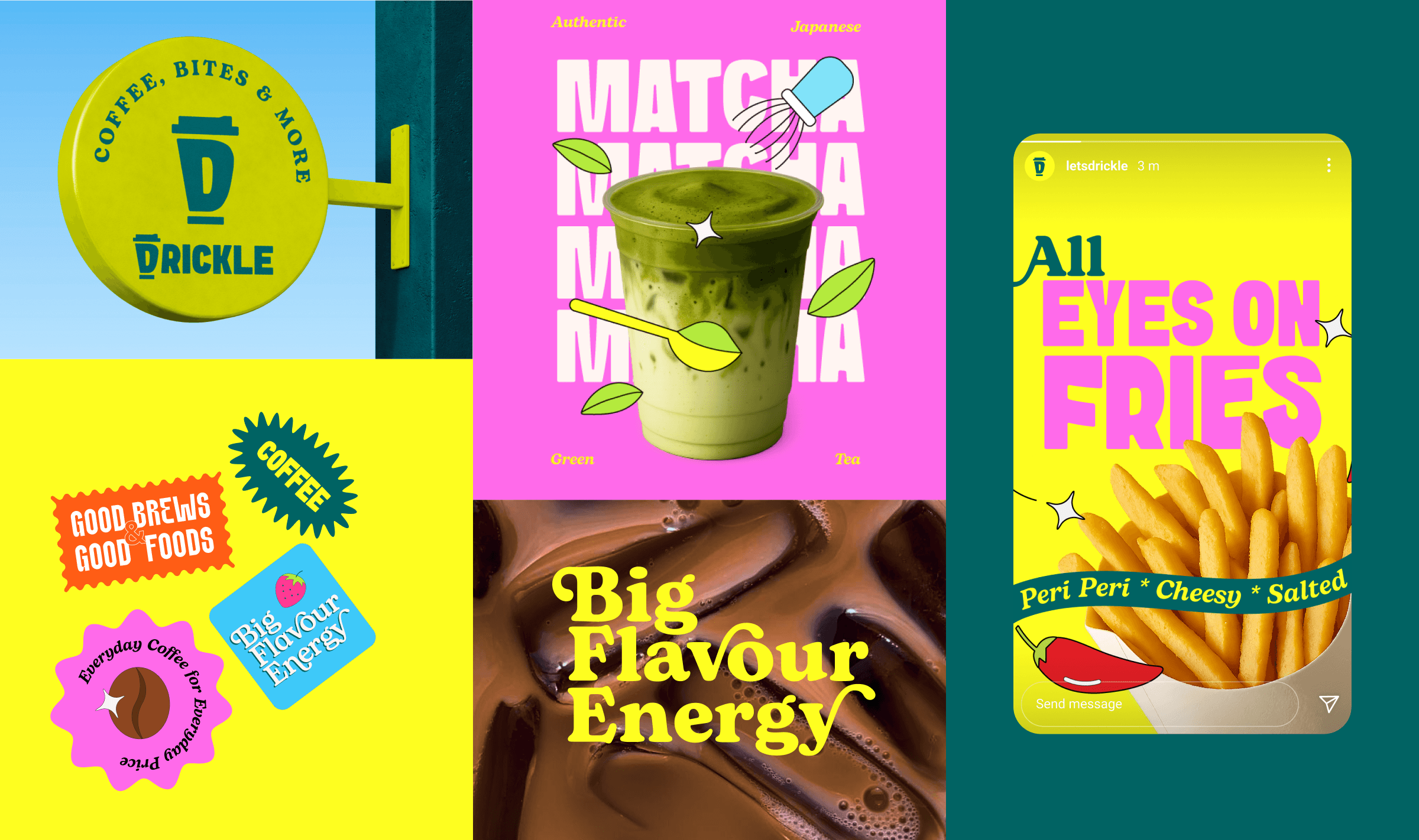 Across signage, packaging, and social media, the system remains bold and consistent, with minimal 2D illustrations adding character.