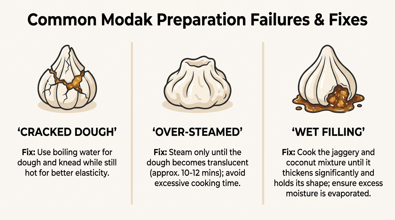 Infographic showing three common modak failures and fixes for Ganesh Chaturthi recipes