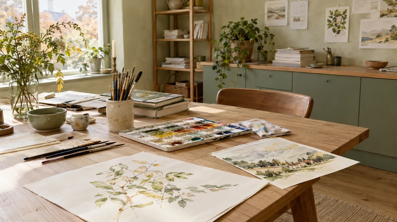 Farben und Pinsel auf einem Atelierarbeitstisch