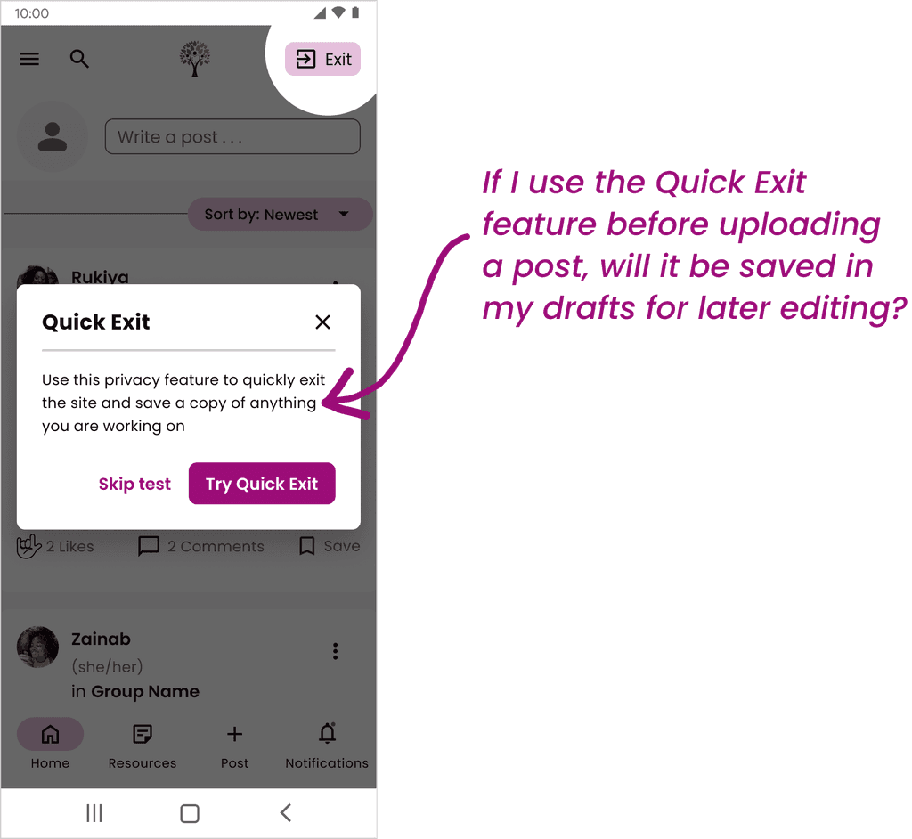 Phase 1 Test Quick Exit Screen for Mobile