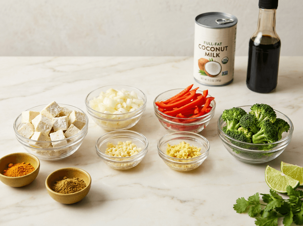 Tofu Coconut Curry recipe ingredients prepped in small glass bowls on a marble counter
