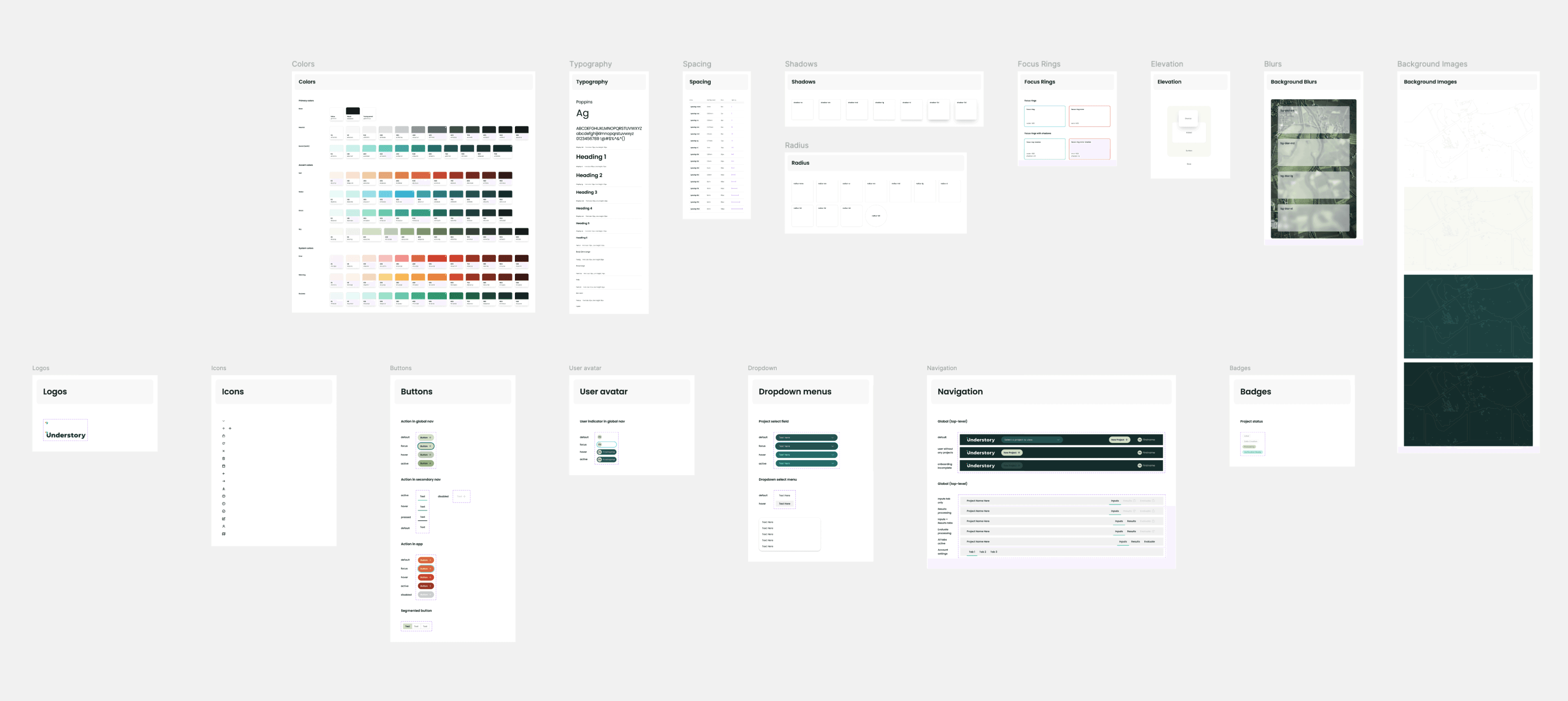Design system mockup with color palettes, typography, buttons, and UI elements. Clean layout, diverse color swatches, and modern interface components.