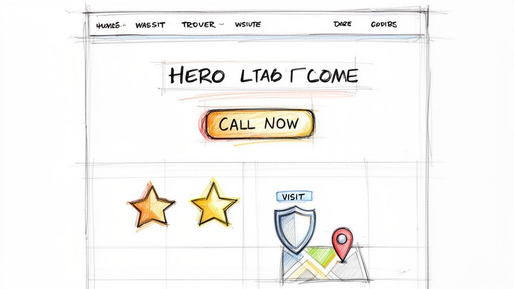 Sketch of a website design with navigation, hero content, a call button, ratings, and a map.