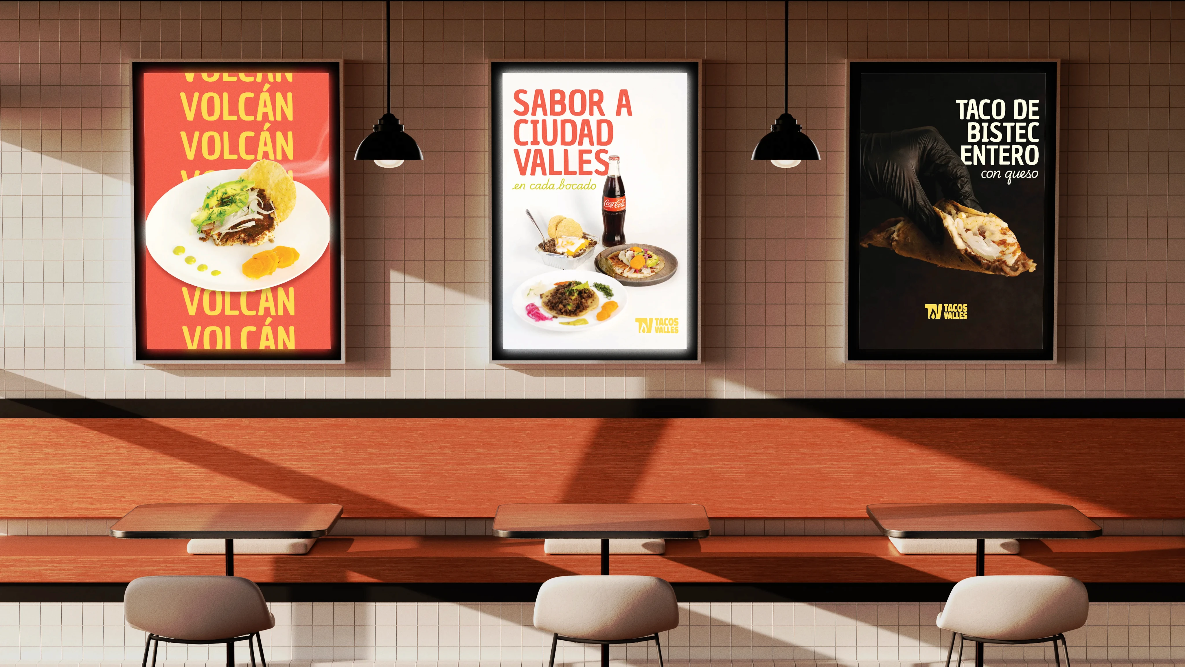 Mockup de posters de Tacos Valles en restaurante.