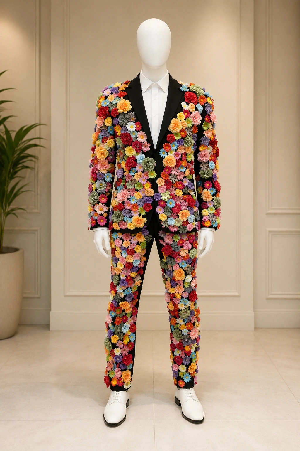 Close detail of Le Fleuravelle, a flower-covered Marzelest suit.