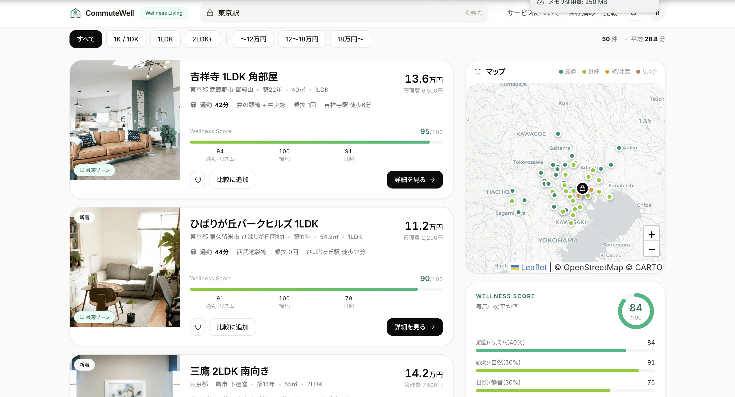 CommuteWellの物件一覧と地図 — U字モデルで色分けされたマーカー