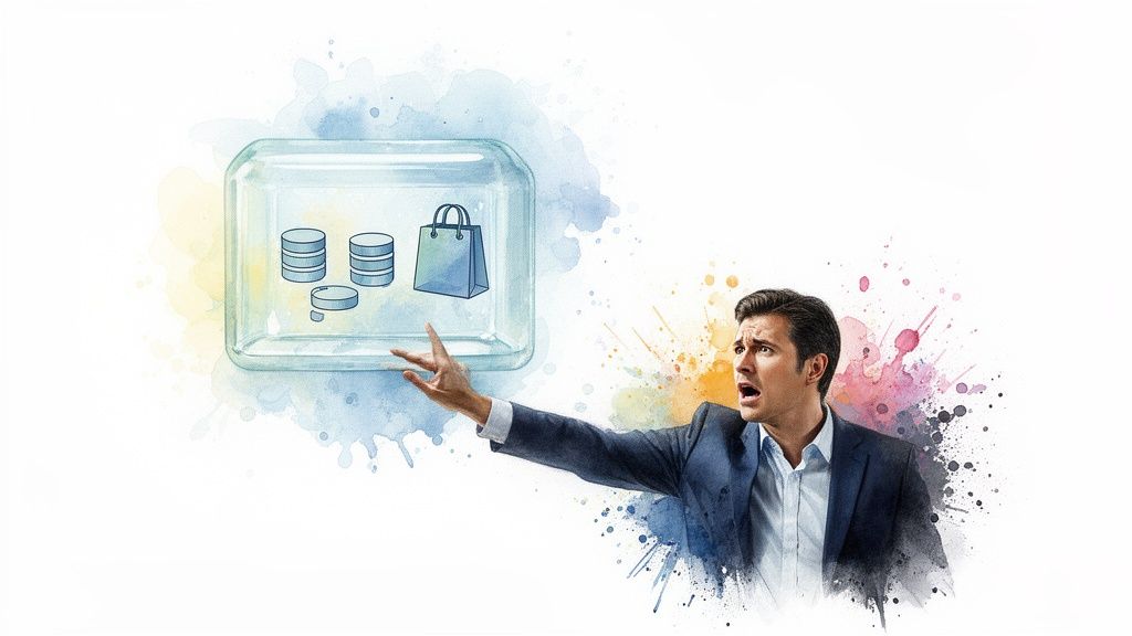 A concerned businessman reaches for data icons (coins, shopping bag) inside a transparent digital container.