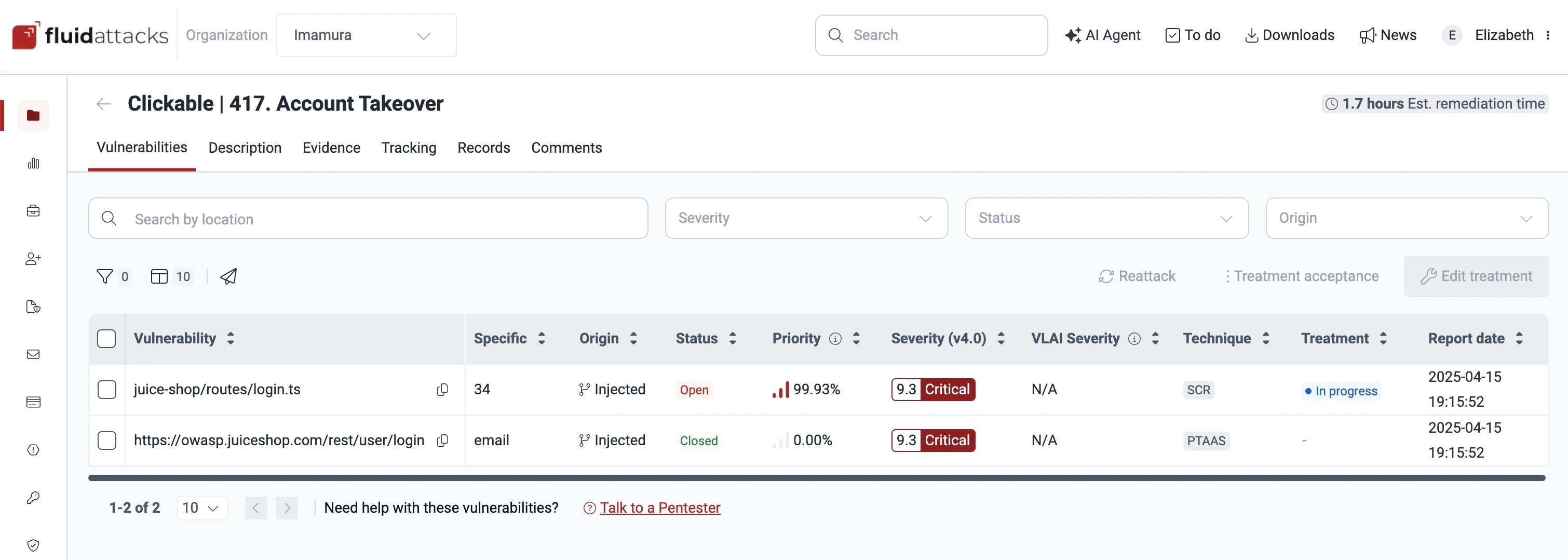 Fluid Attacks platform showing a critical account takeover finding reported by a pentester, with its reattack option