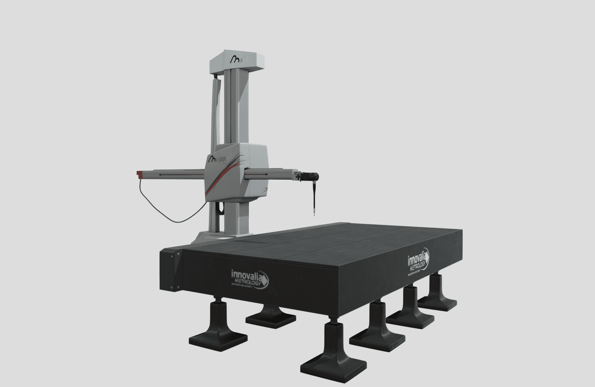Wizualizacja 3D ramienia pomiarowego M3 Gage Innovalia Metrology na czarnej podstawie granitowej