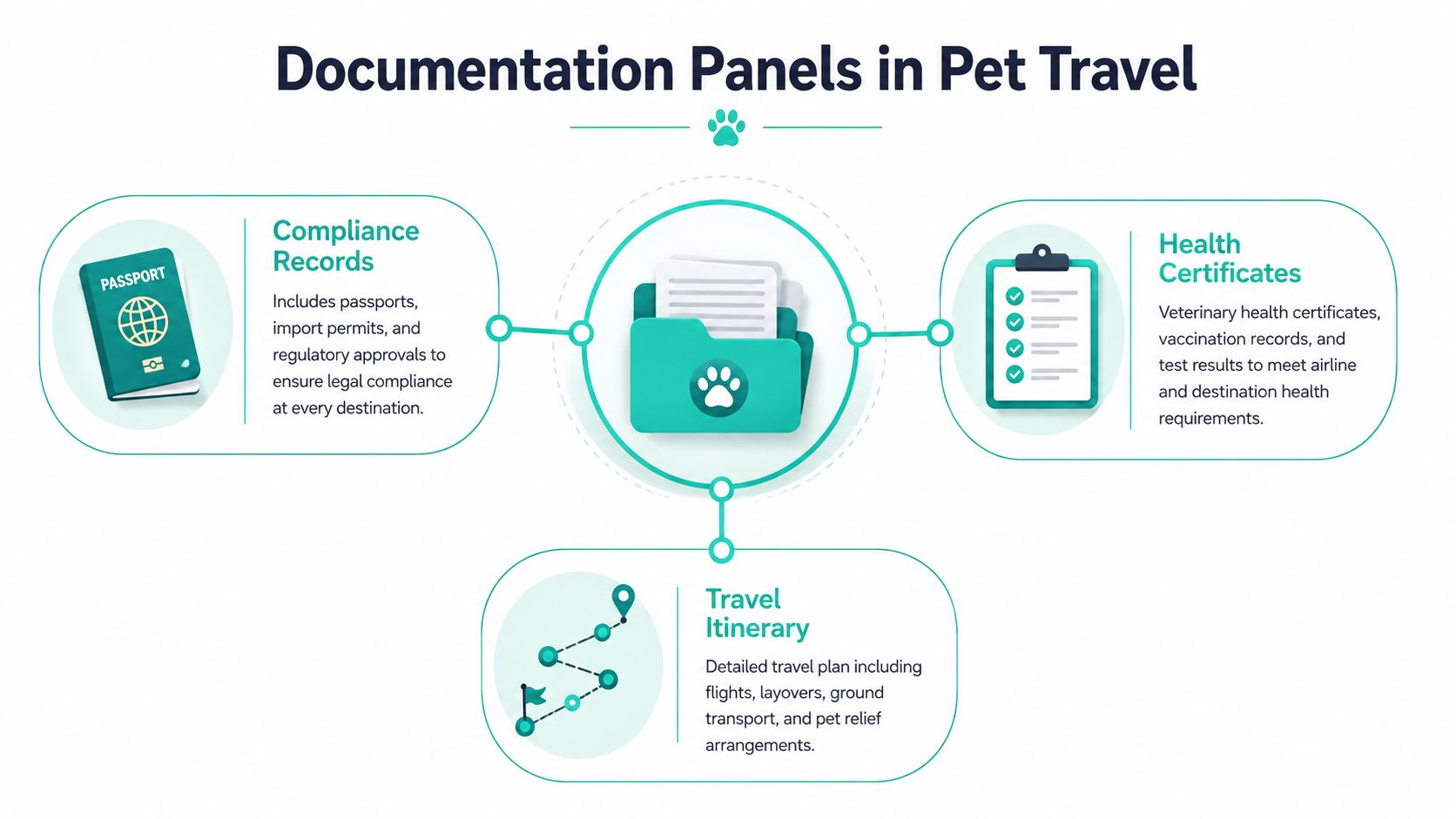 An infographic showing three essential pet travel documentation categories: compliance records, health certificates, and travel itineraries.