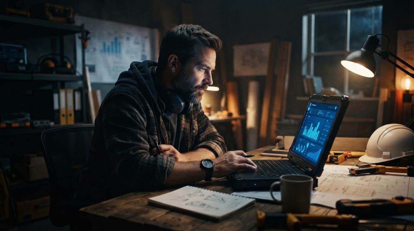 A contractor reviews metrics on a laptop at a desk under blue lighting.