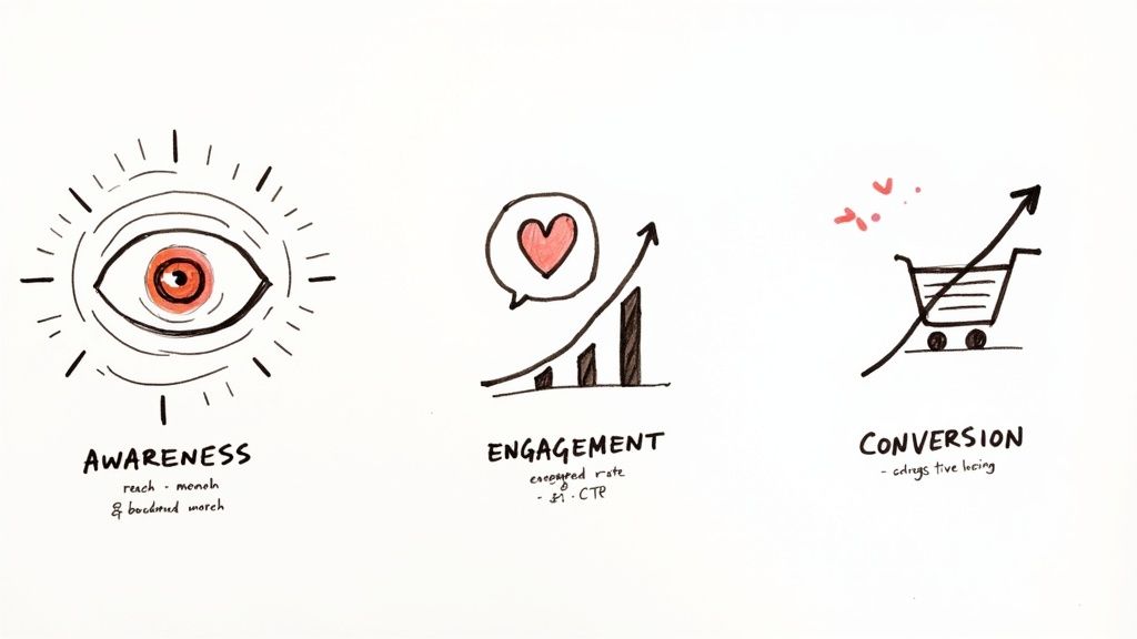 Hand-drawn illustration showing awareness, engagement, and conversion stages of a marketing funnel.