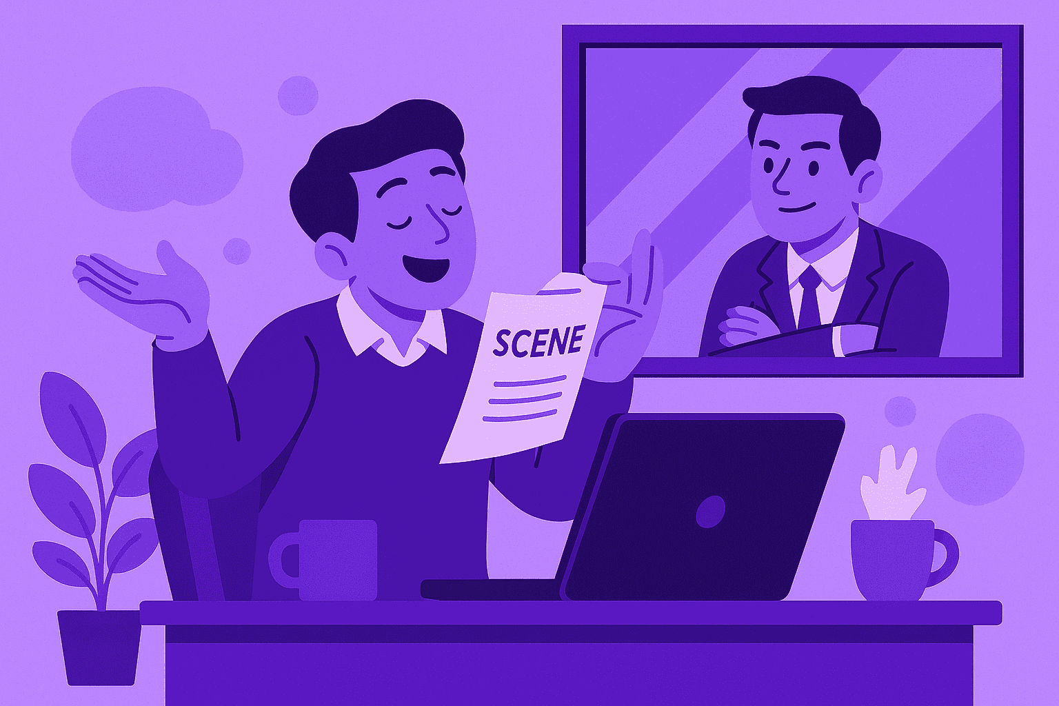A flat-style digital illustration of a worker dramatically acting and reading a script at their desk while a boss watches angrily through a glass window, symbolizing staged productivity and fake work performance.