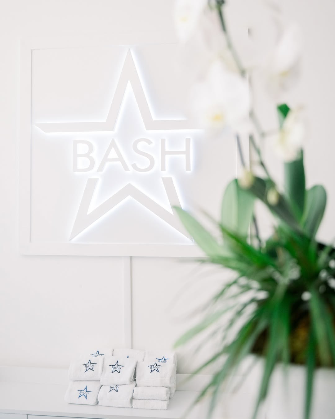 Backlit Illuminated Bash Pilates logo sign inside a modern studio reception