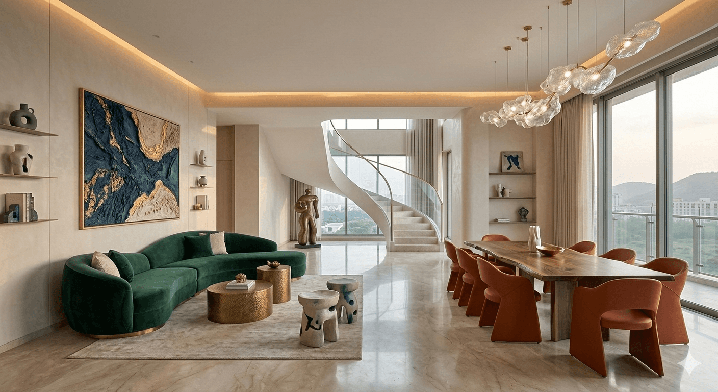 Modern living room interior with Italian marble and artistic decor in a Gurugram luxury floor