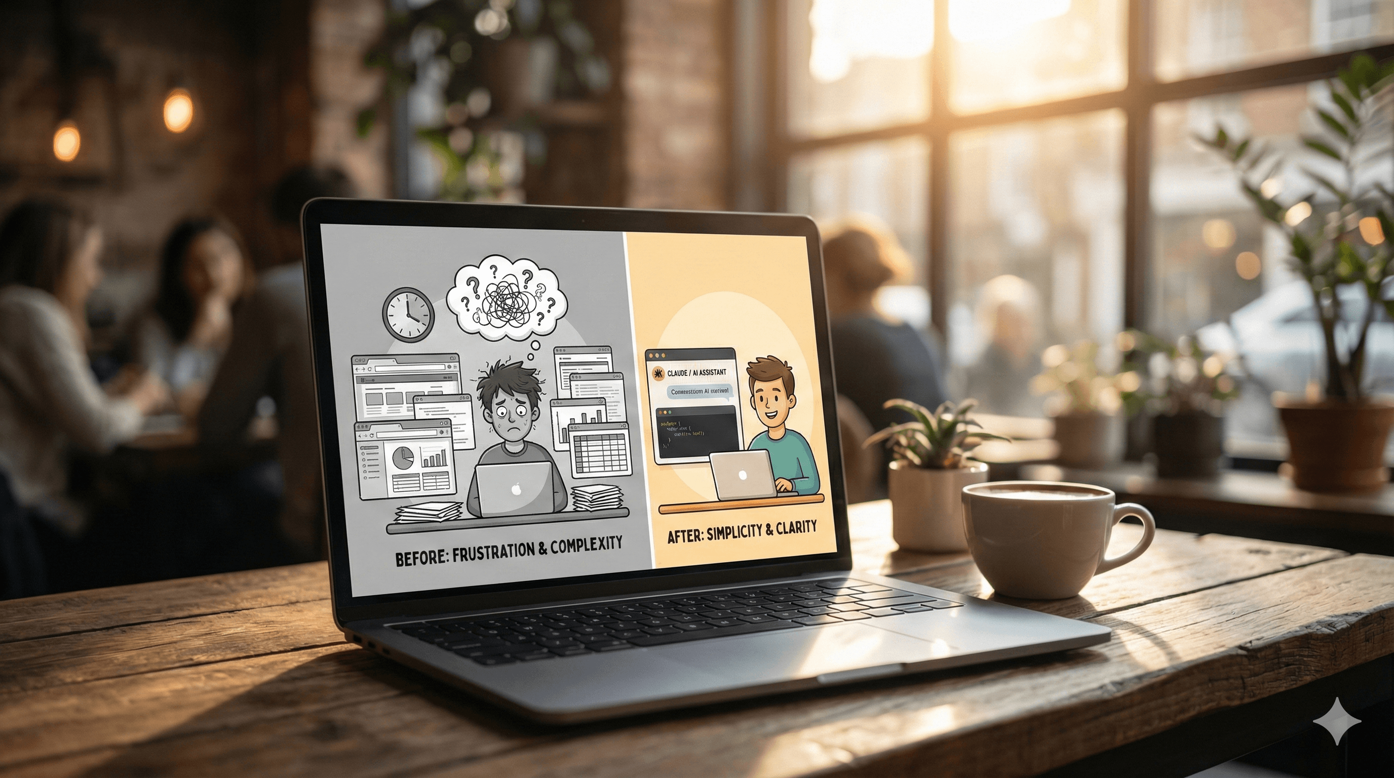 A split-screen comparison. LEFT side (labeled "Before"): A frustrated developer surrounded by multiple browser tabs, complex dashboards, spreadsheets, and a clock showing time passing. RIGHT side (labeled "After"): The same developer smiling, with a single clean terminal/IDE window showing a conversational AI interface.
