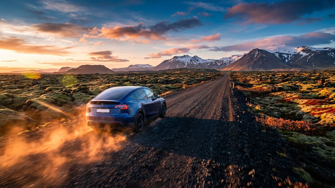 Rear view of a blue Tesla Model Y driving on a gravel road kicking up dust during sunset.