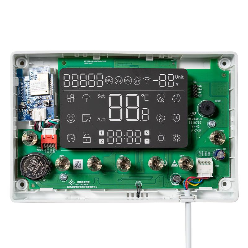 Heat pump controller display showing a flow error fault code on a newly released UK heat pump model caused by an incorrect factory circulation pump setting