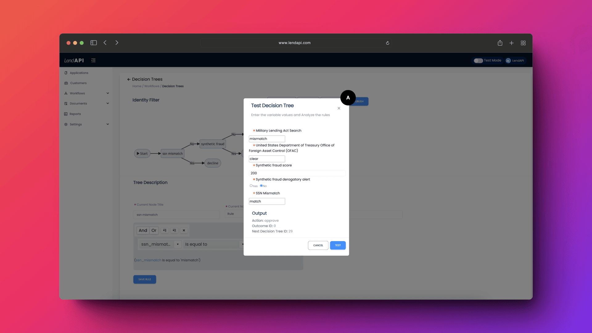 LendAPI Decision Tree Builder - Tree Tester