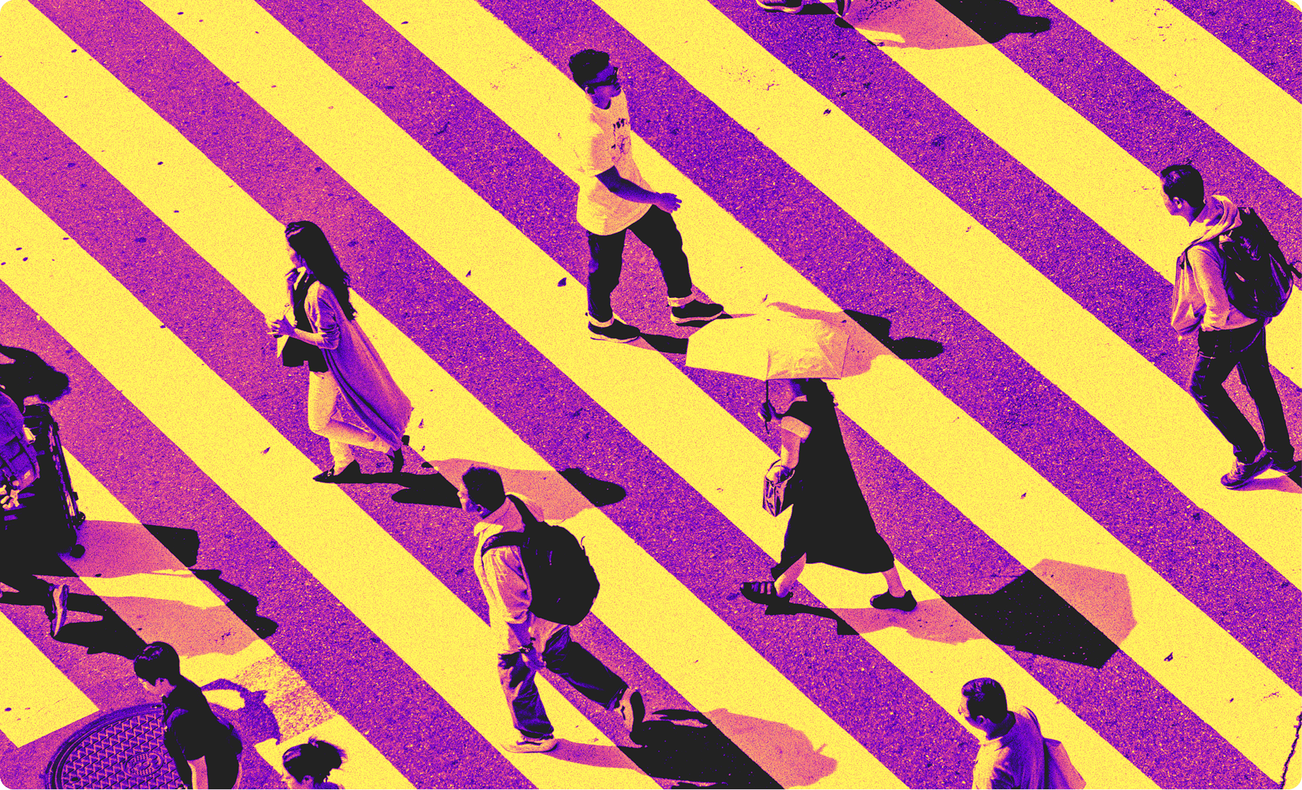 Stylized photo of pedestrians crossing sidewalk in financial district