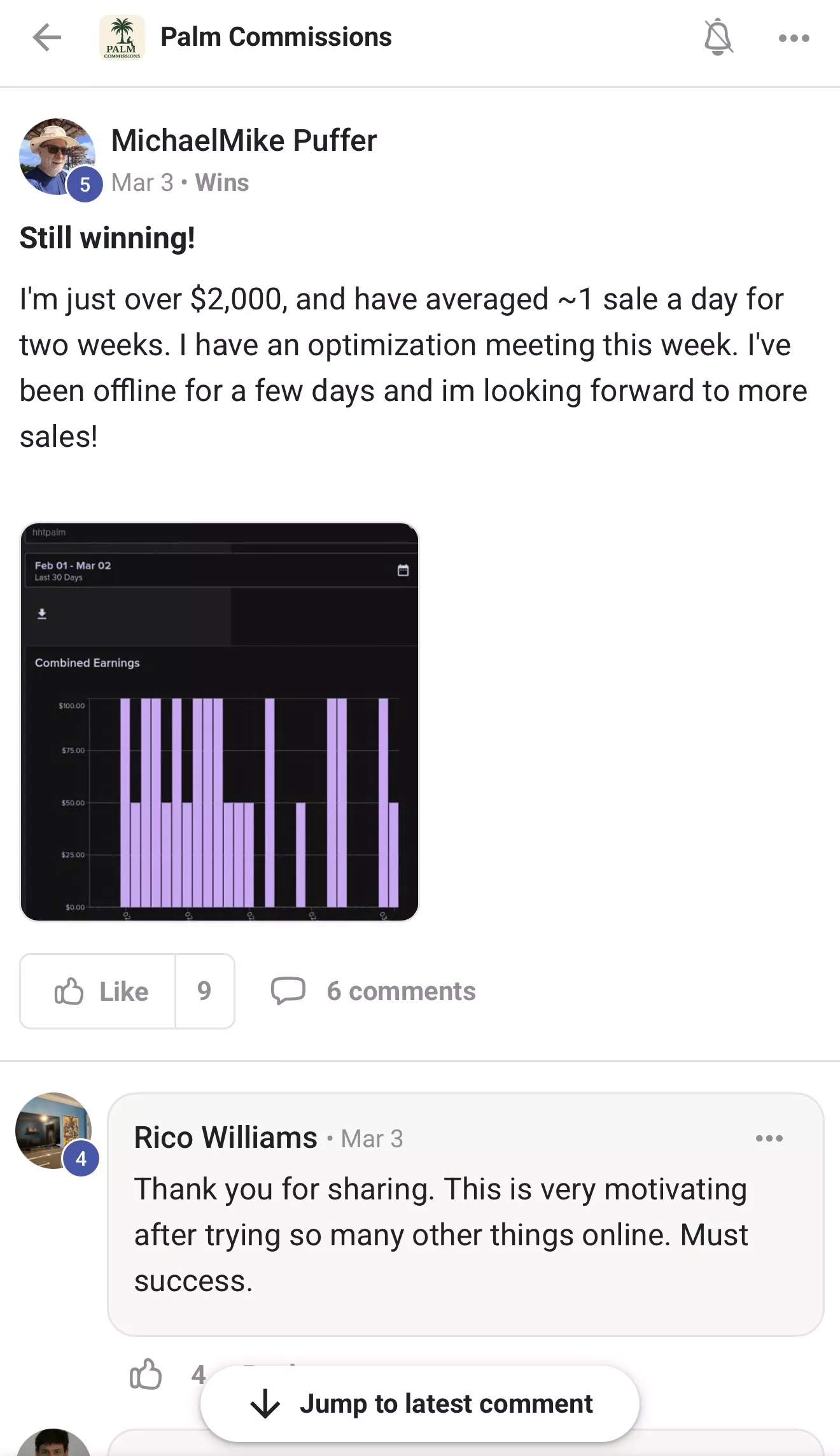 Skool post from Mike Puffer in the Palm Commissions community