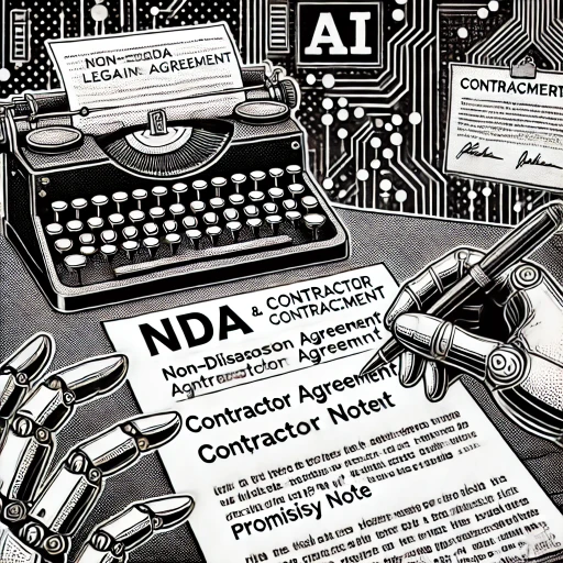 A black-and-white comic-style cover image inspired by 1980s aesthetics, depicting a retro scene with legal documents such as an NDA, Contractor Agreement, and Promissory Note on a desk. The image includes elements like a robotic hand, typewriter, and faint circuitry patterns in the background, symbolizing the use of AI in legal document creation. The title is displayed in a vintage comic book font at the top