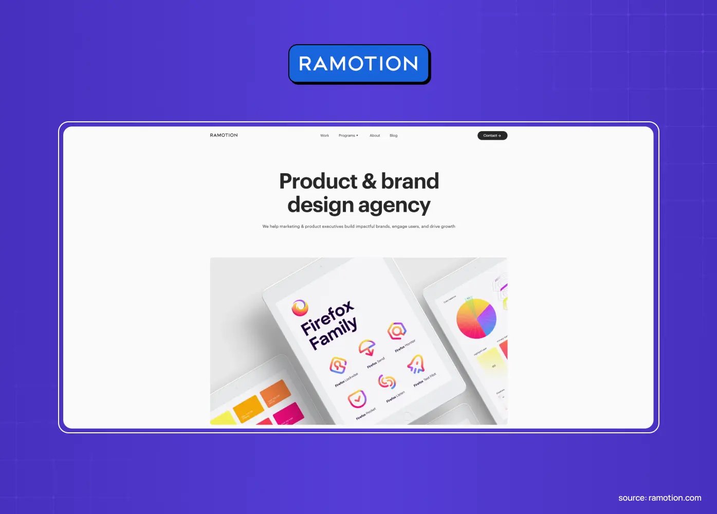 Ramotion website featuring the headline “Product & brand design agency” and a visual showcase of Firefox Family product interfaces.