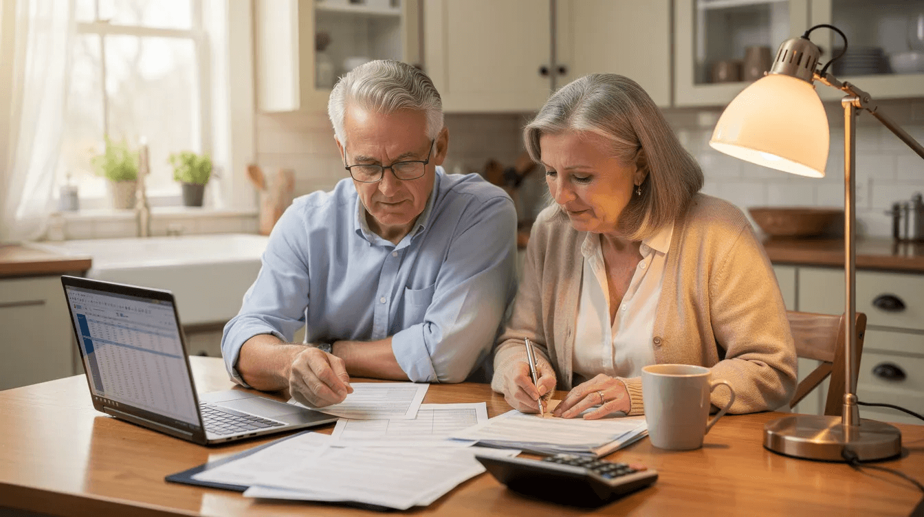 An older couple is seated at a kitchen table, carefully reviewing financial documents related to their personal finances and long term care insurance. They appear focused as they discuss the implications of their retirement savings and the importance of secure coverage for potential future health declines.