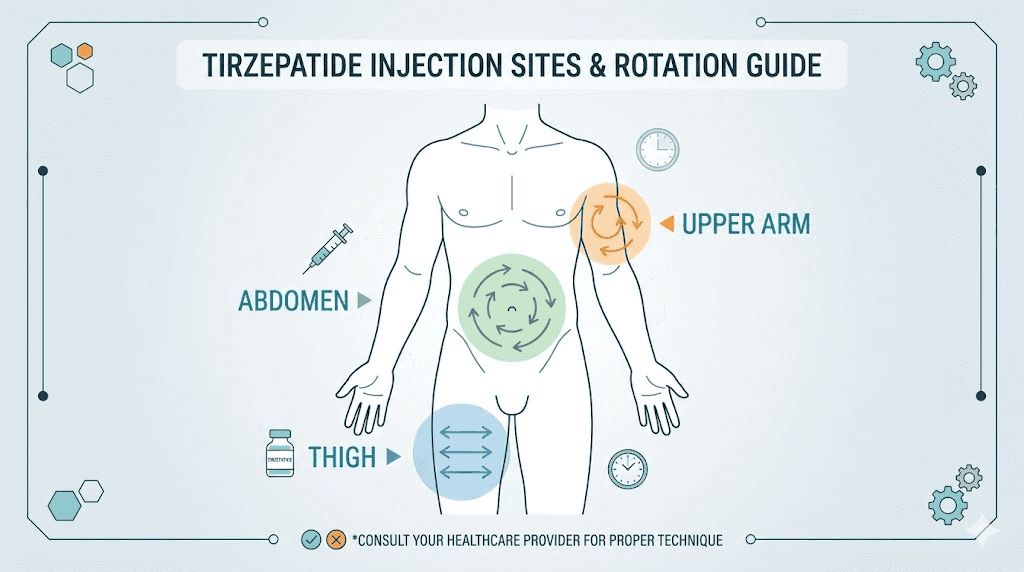 Tirzepatide injection site rotation diagram for abdomen thigh and arm