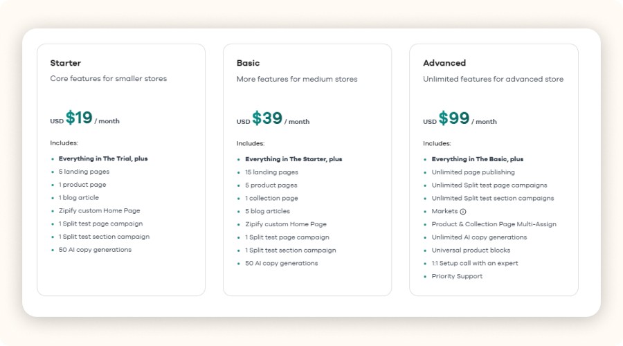 Comparatif d’abonnements Zipify avec tarifs et fonctionnalités mises en avant