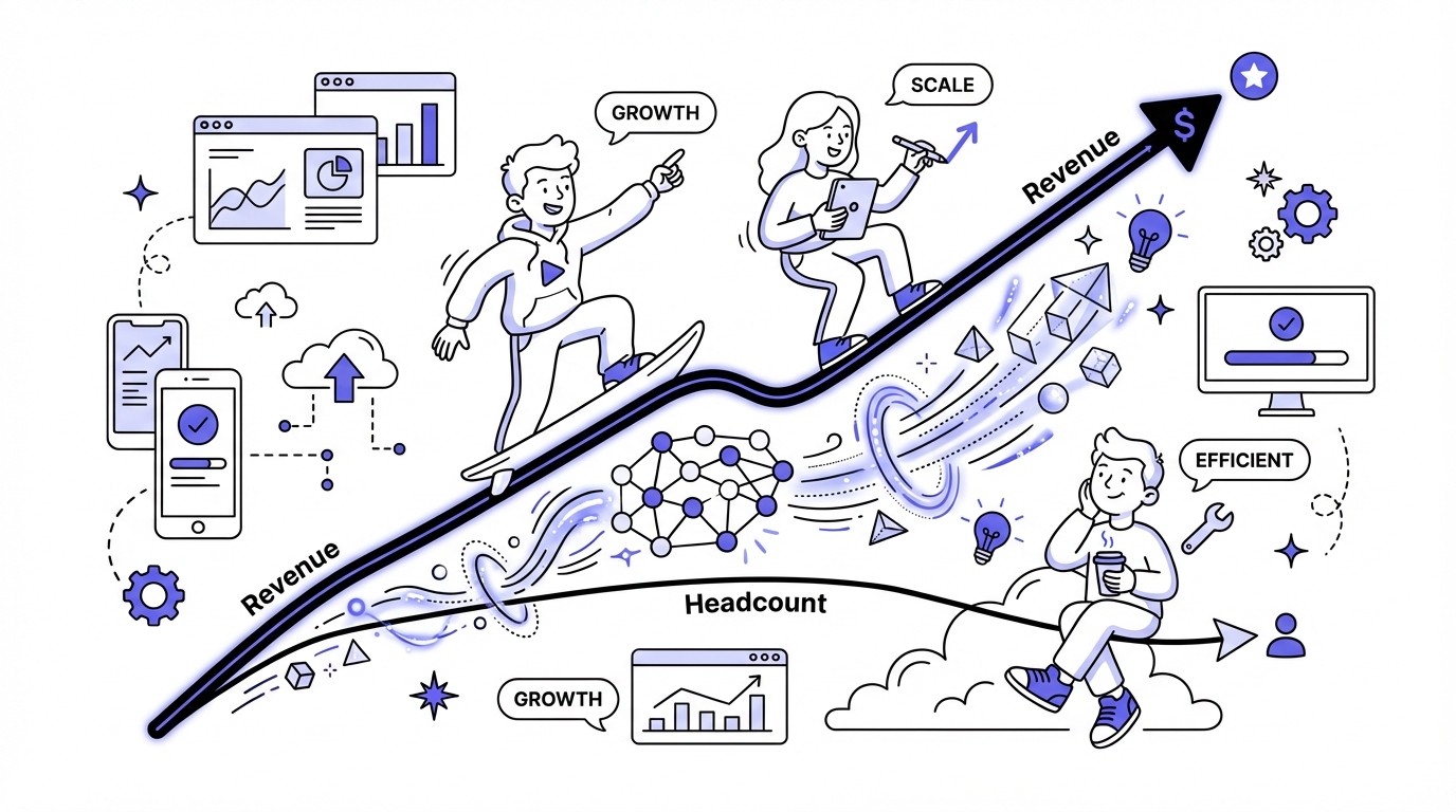An illustration showing a revenue growth chart ascending steeply while a headcount line detaches and flattens below it. Glowing, abstract AI elements are positioned between the diverging lines, symbolizing AI's role in driving revenue growth independently of staff numbers.