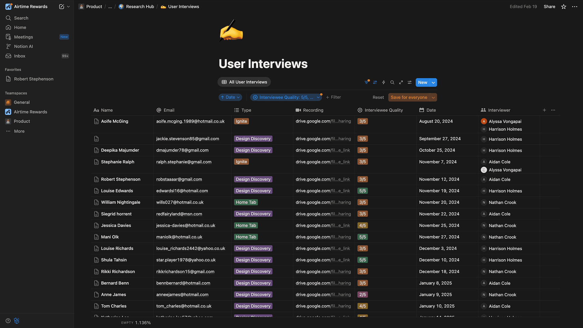 Notion table titled “User Interviews” listing interviewees, recordings, quality ratings, dates, and interviewers.