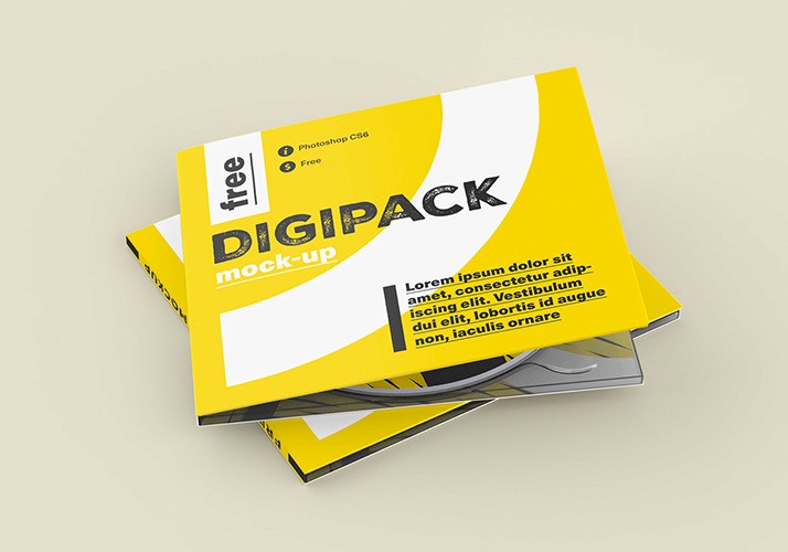Yellow digipack mock-up with curved white accents, featuring bold "DIGIPACK" text. Contains placeholder text and Photoshop CS6 logo on a beige background.