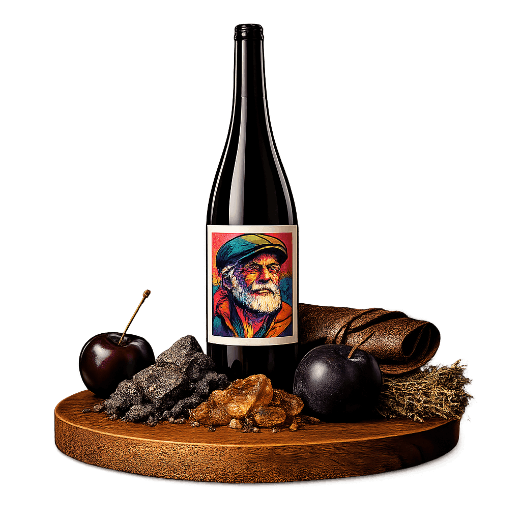 Artistic label and flavor profile for Portuguese Trás-os-Montes Red on a rustic wooden table.