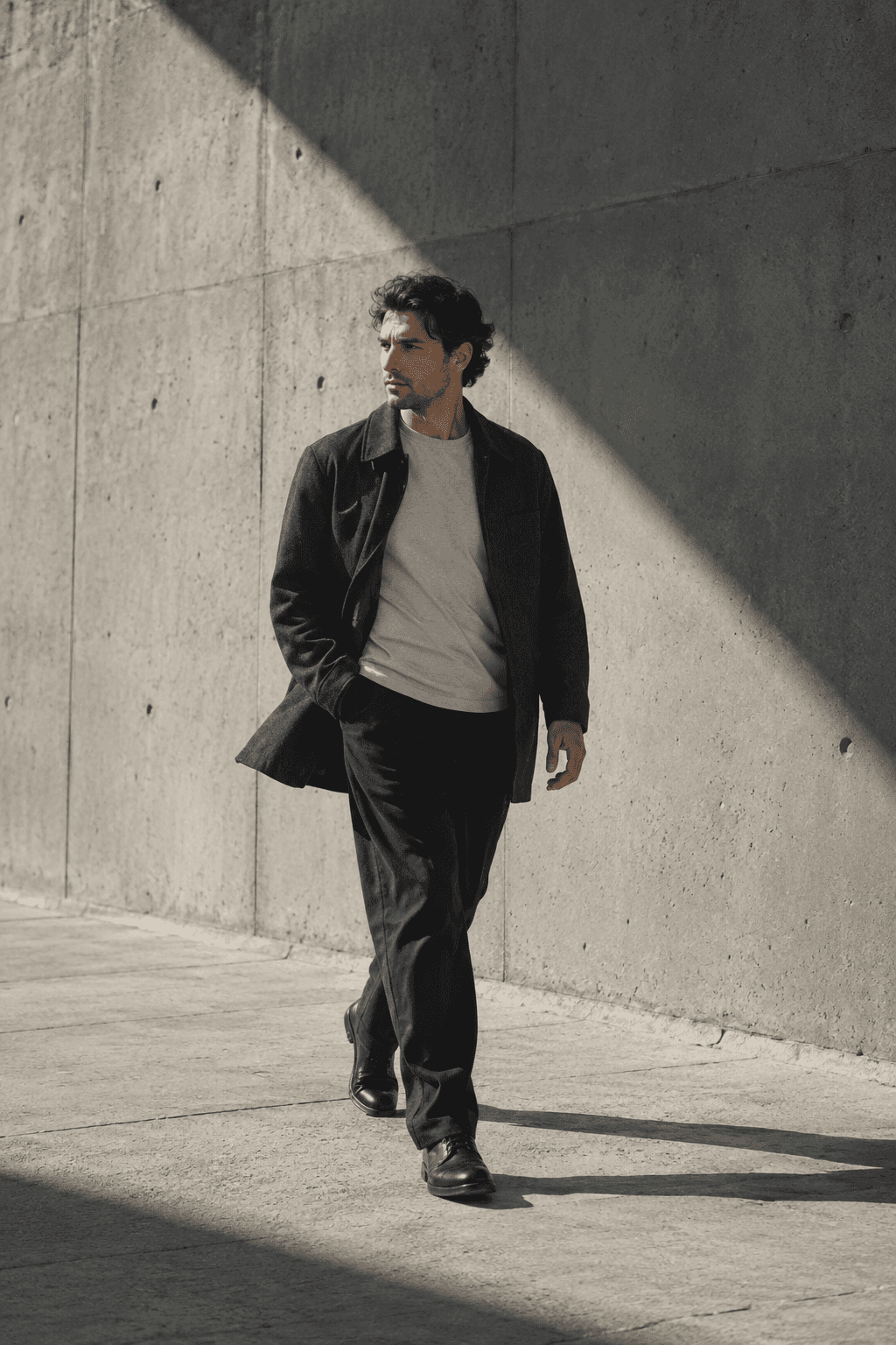 Original fictional adult man passing a pale concrete wall in diagonal sunlight.
