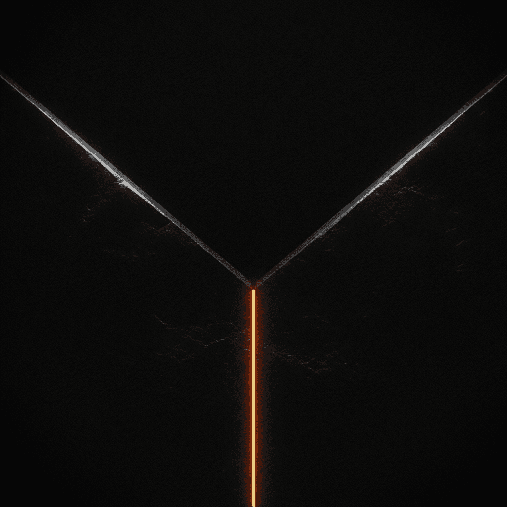 Single orange seam of light joining two converging black architectural planes in deep shadow