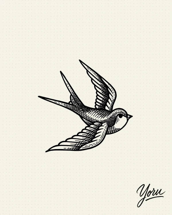 Diseño de tatuaje de una golondrina volando, en estilo tradicional con sombreado de grabado.