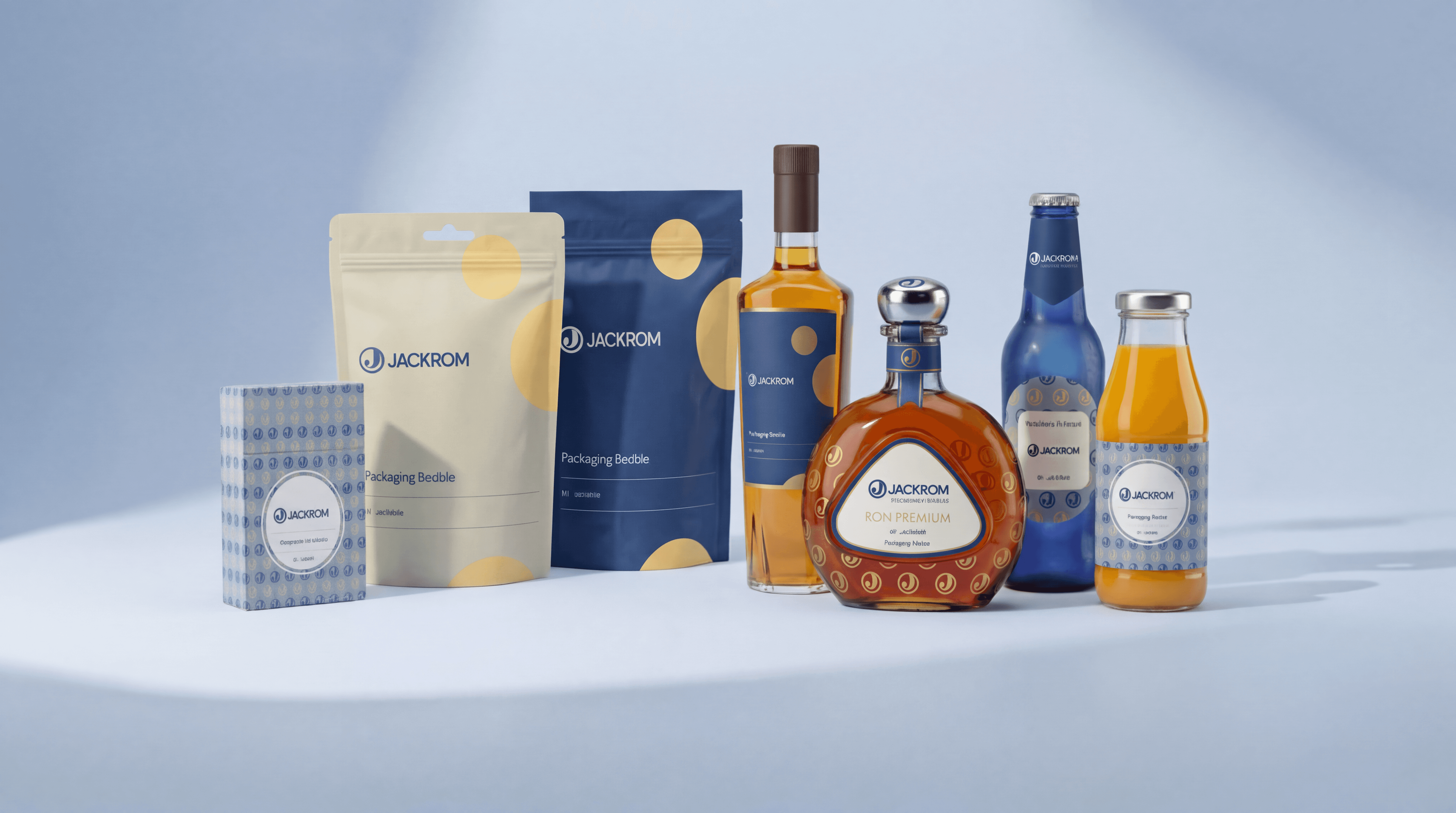 Muestra de etiquetas y packaging premium para bebidas y productos de consumo
