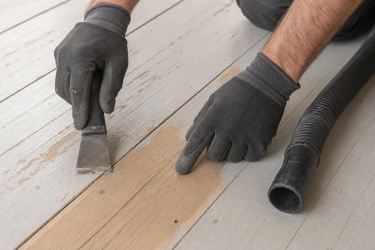 Artisan contrôlant une zone d’essai entre peinture ancienne et bois naturel sur un parquet