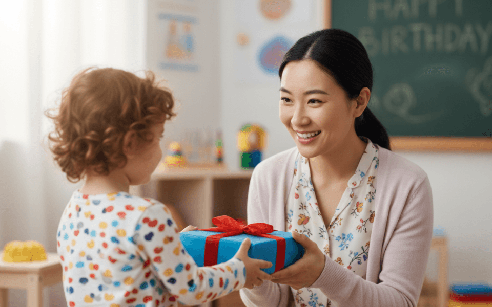 Teacher smiling as children hand her a gift, demonstrating the Kina program to give back to teachers