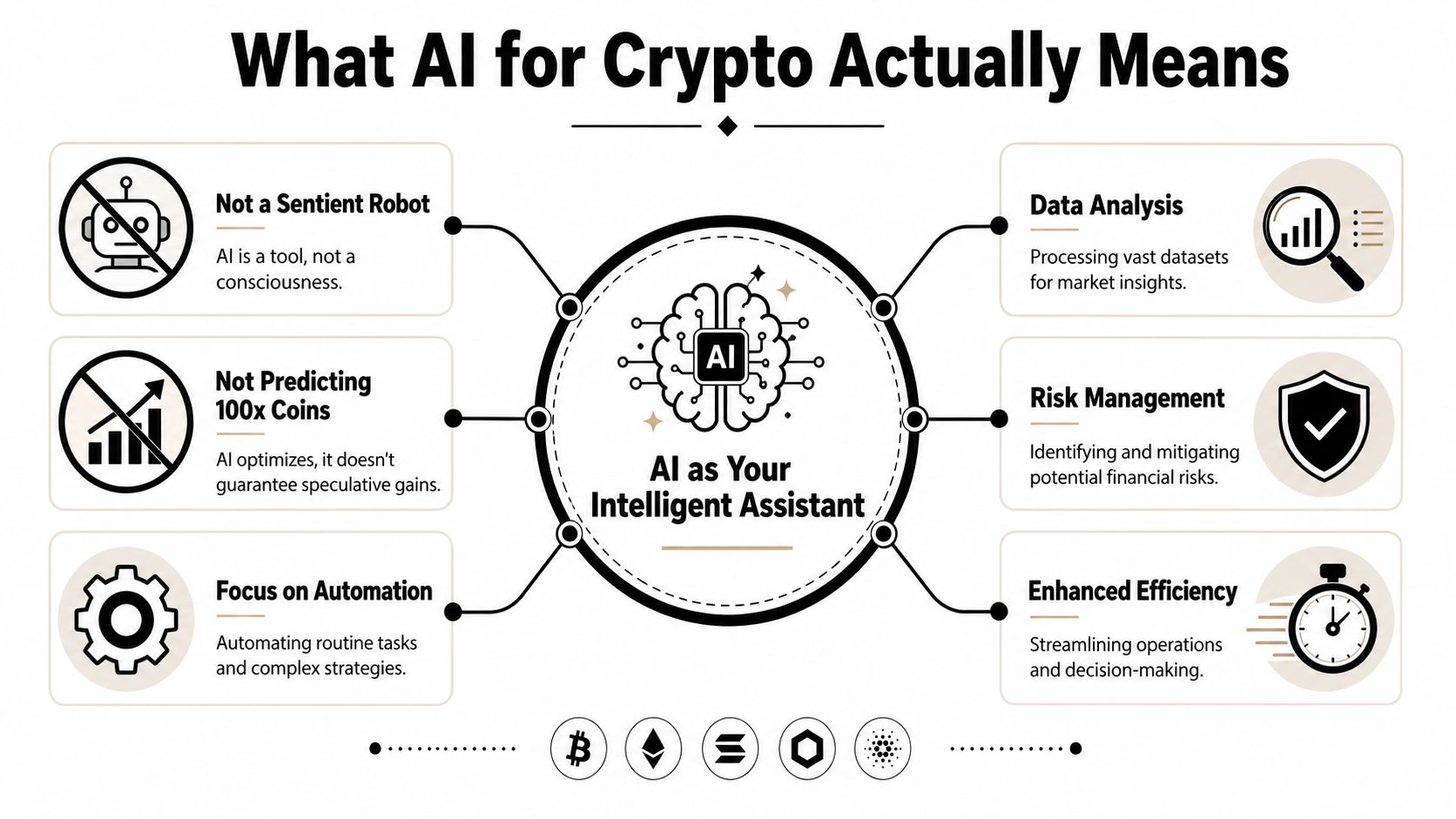 An infographic explaining that AI for crypto acts as an intelligent assistant rather than a sentient robot.