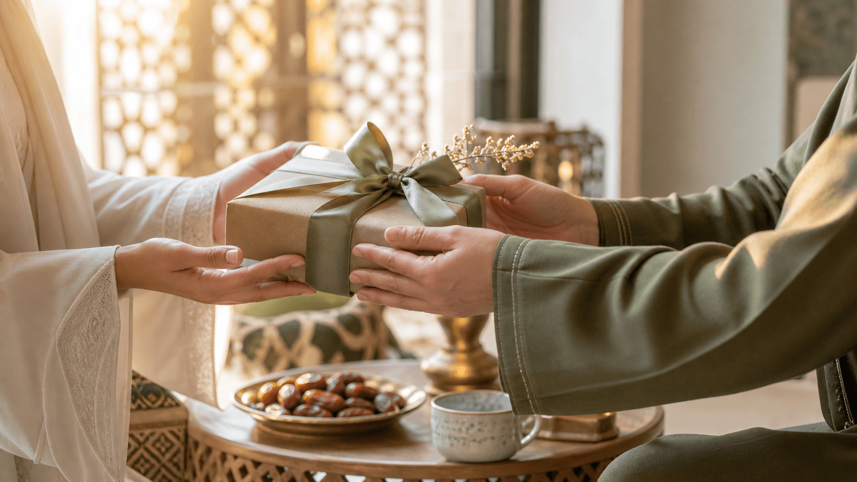 Two hands exchanging a wrapped hadiyah, the meaning of a present in Islam given freely to build goodwill