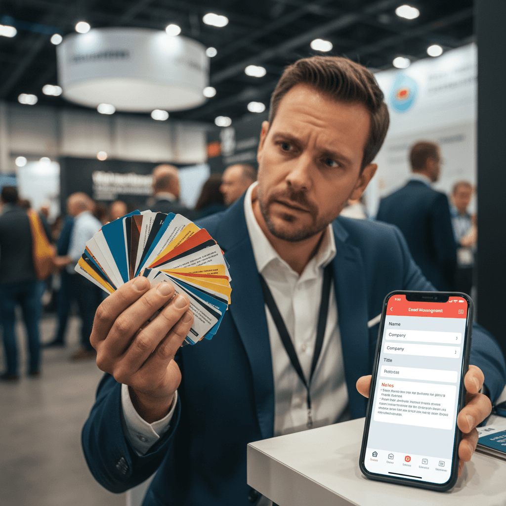 Exhibitor comparing business cards with Habsy app to prevent trade show lead capture mistakes and preserve conversation context.