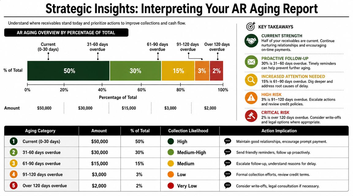 A strategic infographic explaining how to interpret an accounts receivable aging report for better cash flow.