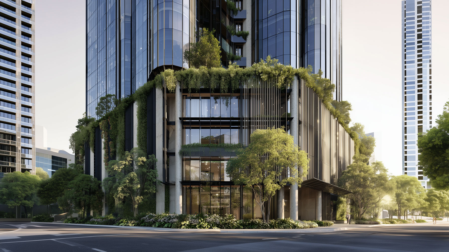 A modern high rise building in Melbourne with glass facade, horizontal louvers, vertical landscaping. 