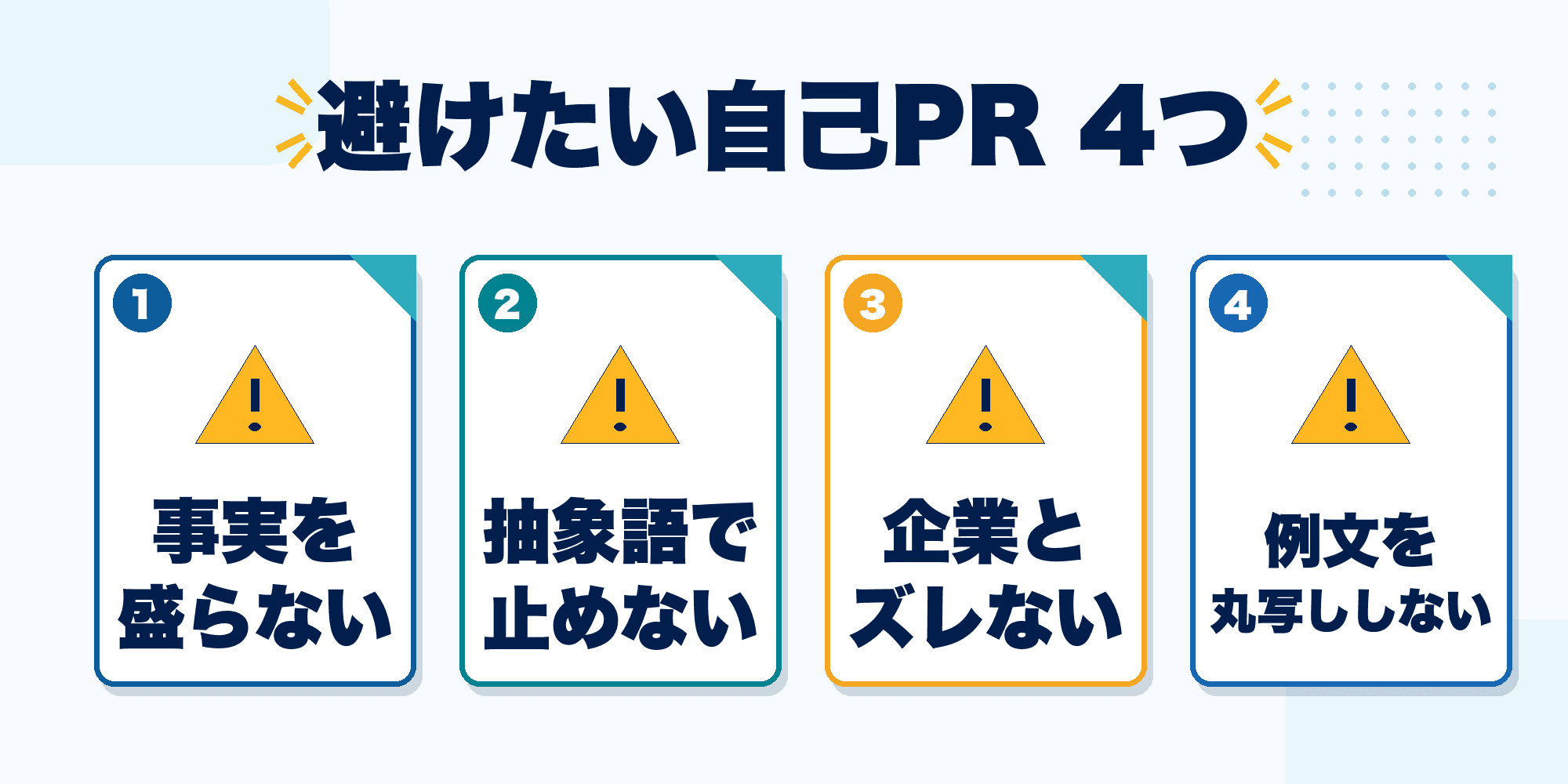 自己PRで強みを伝える時に避けたい4つの注意点を示した図